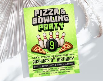 Neon Bowling Party Invitation, Pizza & Bowling Birthday Invite (Digital Download) PP541