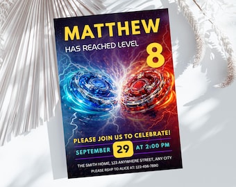 Invitación de cumpleaños de Beyblade, invitación digital editable e imprimible de Blade Spinner en Canva