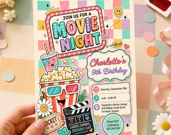 Retro Popcorn Birthday Invitation, Girls Movie Night Cinema Personalized Invite (Digital Download) PP685