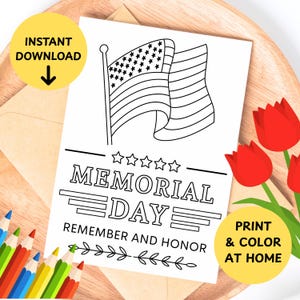 Cartão de colorir infantil do Memorial Day para imprimir, cartão comemorativo 5x7 para colorir, cartão de colorir infantil do Memorial Day com bandeira, estrelas, cartão faça você mesmo para casa