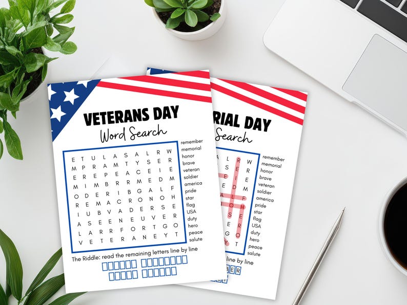 Veterans Riddle Veterans Day & Memorial Day Word Search, Riddle Activity (printable PDF ...