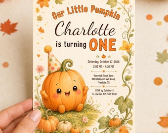 One Little Pumpkin Birthday Invitation, Pastel Autumn Pumpkin Party Editable Printable Canva Digital Invite DD866