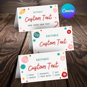 May include: Three editable Christmas-themed cards with the text "Custom Text" in red script. Each card features festive ornaments, stars, and the option to add your own text. The bottom card includes allergen information.