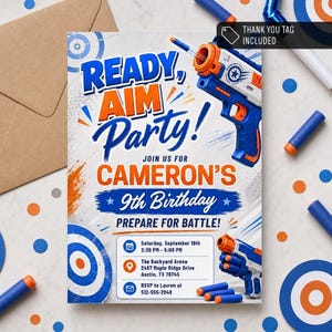 Inbjudan till födelsedagsfesten Dart Battle, Ready Aim Party Foam Blaster (digital nedladdning) PP701
