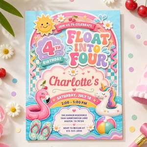 Float Into Four Birthday Invitation, Pink Retro Groovy 4th Birthday Girl Party Editable Printable Canva Digital Invite DD652