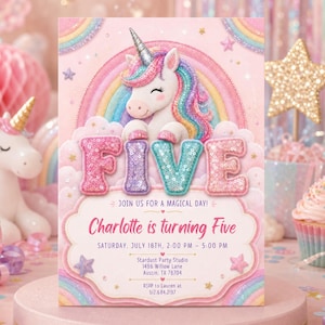 Five Is A Magical Vibe Birthday Invite, Glitter Unicorn Rainbow Sequin Personalized Invite (Digital Download) PP691