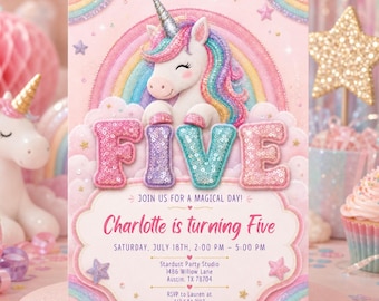 Five Is A Magical Vibe Birthday Invite, Glitter Unicorn Rainbow Sequin Personalized Invite (Digital Download) PP691