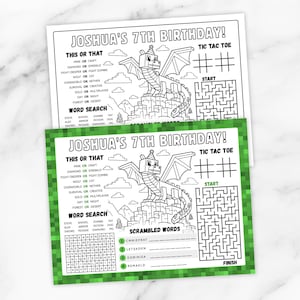 Könnte beinhalten: Zwei schwarz-weiße Aktivitätsblätter für eine Kindergeburtstagsfeier. Die Blätter zeigen einen Drachen, ein Labyrinth, eine Wortsuche und ein Tic-Tac-Toe-Spiel. Der Text auf den Blättern lautet "JOSHUA'S 7TH BIRTHDAY!"