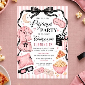 May include: A pink and white striped invitation for a pyjama party for Cameron turning 12. It features a black bow, pyjamas, a sleep mask, a movie clapperboard, a drink, pizza, popcorn, 3D glasses, and two admit one tickets with event details.