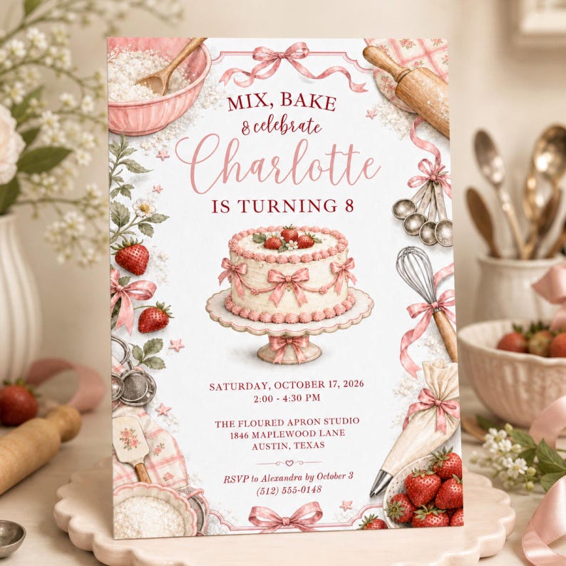 May include: A rectangular birthday invitation card featuring a white background with pink strawberry and baking illustrations. Text reads: Mix, Bake & celebrate Charlotte IS TURNING 8, Saturday, October 17, 2026, 2:00 - 4:30 PM, The Floured Apron Studio, 1846 Maplewood Lane, Austin, Texas, RSVP to Alexandra by October 3 (512) 555-0148.