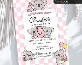 Kawaii Koala Pink Checkered Birthday Invitation 5x7, Personalized Koalas Invite (Digital Download) PP523