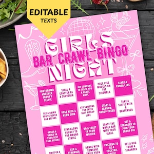 Bar Crawl Bingo - Girls Night Out In Pink, Scavenger Hunt For Ladies
