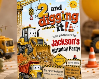 Two and Diggin It Construction Truck Birthday Invite, 2nd Party Invitation (Digital Download) PP715