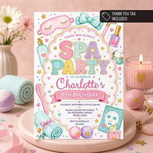 May include: A rectangular spa party invitation for Charlotte's 9th birthday featuring pastel illustrations of a sleep mask, bow, nail polish, comb, towel, and face mask. The text reads: Please join us for a spa party to celebrate Charlotte's 9th birthday, Saturday, September 14th at 3:00 PM, Blush & Bloom Spa Studio, 245 Rosewood Avenue, Irvine, H2618, RSVP to Sophia at 555-0184.
