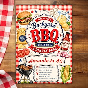 May include: A rectangular invitation card with a red and white checkered border featuring illustrations of a burger, potato chips, lemonade, BBQ sauce, and corn. The text reads Join Us For A Backyard BBQ Grill & Chill Birthday Bash Amanda is 40.