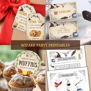May include: A collection of wizard-themed party printables. Includes gift tags, food labels, a maze, and a treasure hunt game. The printables feature illustrations of wizard hats, owls, and other magical elements. The color palette includes beige, brown, and red.