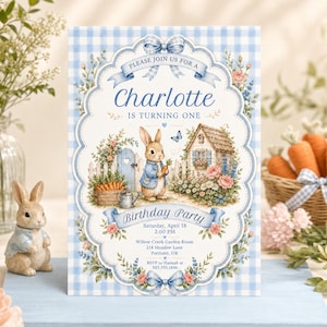 Garden Bunny Gingham First Birthday Invitation, Some Bunny Is One Party Invite (Digital Download) PP754