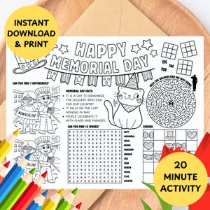 Jogo americano para atividades do Memorial Day para crianças para imprimir – Folha para impressão de caça-palavras, labirinto, artesanato para colorir para o Memorial Day para crianças, modelo de creche em PDF
