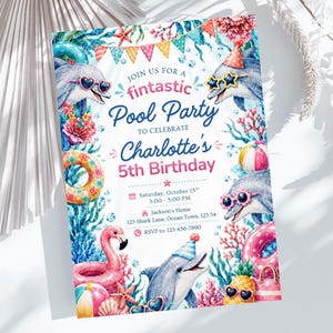 Dolphin Pool Party Birthday Invitation, Fintastic Personalized Party Invite (Digital Download) PP565