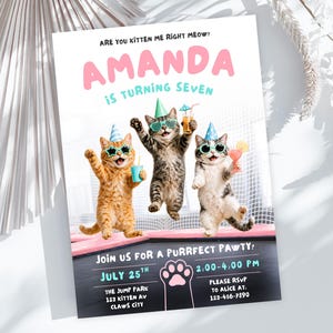 Girl Jump Kittens Birthday Invitation, Personalized Cats Trampoline Park Invite (Digital Download) PP513