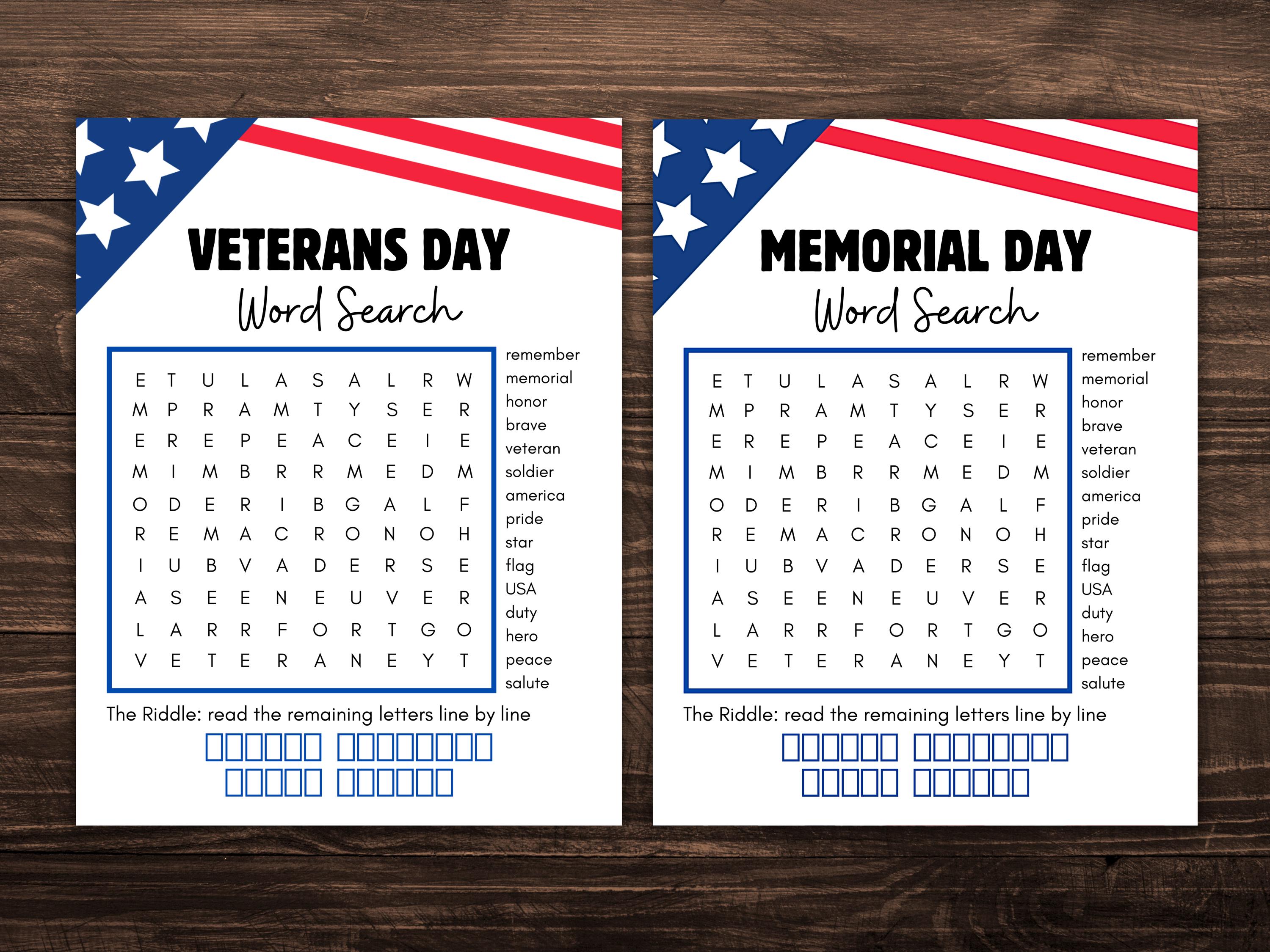 Veterans Riddle Veterans Day & Memorial Day Word Search, Riddle Activity (printable PDF ...