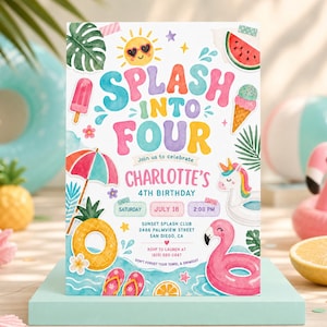 May include: A rectangular birthday invitation card featuring the text SPLASH INTO FOUR, CHARLOTTE'S 4TH BIRTHDAY, and event details. The design includes watercolour illustrations of a sun, watermelon, ice cream, unicorn float, flamingo float, pineapple float, beach umbrella, and tropical leaves.