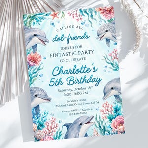 Dolphin Birthday Invitation, Watercolor Fintastic Editable Printable Canva Digital Invite DD564