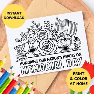Cartão de colorir infantil do Memorial Day para imprimir, cartão de felicitações para colorir, cartão de colorir do Memorial Day, artesanato para creche, pré-escola, jardim de infância