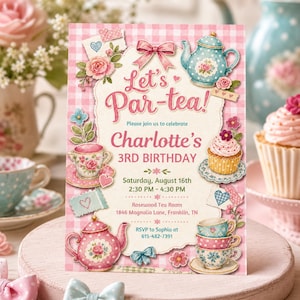 Peut inclure: Une carte d'invitation d'anniversaire rectangulaire sur fond vichy rose avec des illustrations de théières, tasses et cupcakes. Le texte indique Let's Par-tea! Charlotte's 3rd Birthday, Saturday, August 16th, 2:30 PM - 4:30 PM, Rosewood Tea Room, 1846 Magnolia Lane, Franklin, TN, RSVP to Sophia at 615-482-7391.