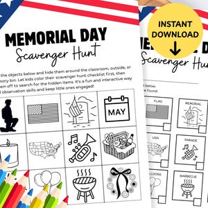 Atividade de Caça ao Tesouro Infantil para Imprimir e Colorir no Memorial Day – Folha de Colorir para Caça ao Tesouro, Modelo de Creche em PDF, Jogo de Festa