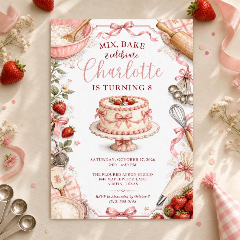 May include: A birthday invitation card featuring a white background with pink strawberry-themed illustrations, a cake on a stand, and text reading MIX, BAKE & celebrate Charlotte IS TURNING 8, Saturday, October 17, 2026, 2:00-4:30 PM, The Floured Apron Studio.