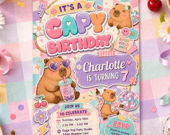 Capybara Birthday Invitation, Groovy Disco Capy Editable Printable Canva Digital Invite DD672