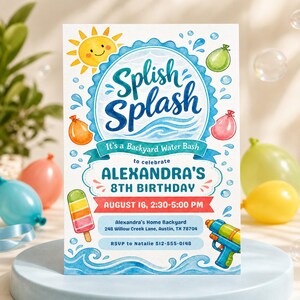 Inbjudan till Splish Splash akvarell födelsedag, inbjudan till slagsmål med vattenballonger i trädgården (digital nedladdning) PP765