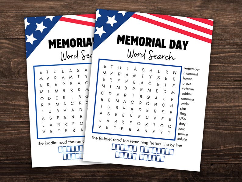 Veterans Riddle Veterans Day & Memorial Day Word Search, Riddle Activity (printable PDF ...