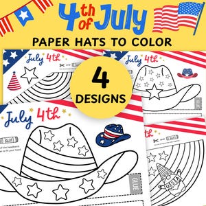 4th of July Hat, 4th of July Paper Crown, Independence Day Paper Crafts, 4th of July Cowboy Hat, July 4th Patriotic Party Headband To Color