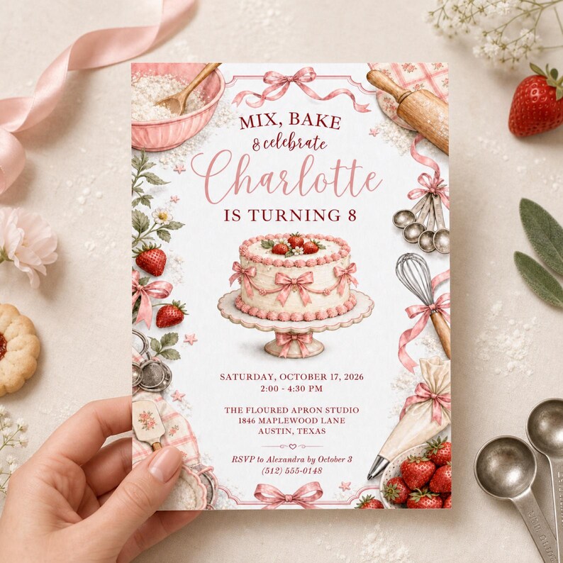 May include: A rectangular birthday invitation card featuring a central illustration of a tiered cake on a stand, surrounded by strawberries, baking tools, and ribbons. The text reads: MIX, BAKE & celebrate Charlotte IS TURNING 8, with event details.