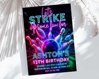 Neon Bowling Birthday Invitation, Personalized Strike Up Some Fun Invite (Digital Download) PP537