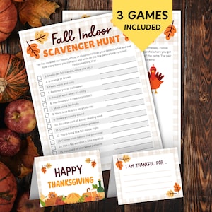 Op de afbeelding: Een herfstthema-spelset met een speurtochtchecklist, een "Happy Thanksgiving"-kaart en een "Ik ben dankbaar voor..."-kaart. De tekst "3 Games Included" staat in een gele banner. Pompoenen en appels staan op de achtergrond.