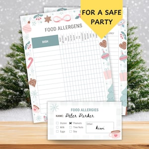 Puede incluir: Un conjunto de gráficos de alergias alimentarias y una tarjeta con el texto "FOOD ALLERGENS" y "FOR A SAFE PARTY". Los gráficos tienen una cuadrícula para enumerar platos y posibles alérgenos. La tarjeta está rellena con el nombre "Peter Parker".