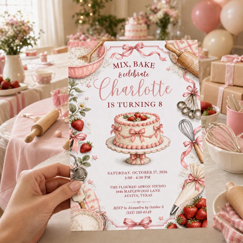 May include: A rectangular birthday invitation card featuring a pink and white theme with illustrations of a strawberry cake, mixing bowl, whisk, rolling pin, and piping bag. The text reads: MIX, BAKE & celebrate Charlotte IS TURNING 8.