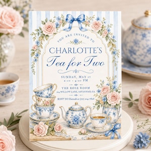 May include: A rectangular invitation card featuring a light blue striped background with a floral border of pink roses and blue flowers. The text reads: YOU ARE INVITED TO CHARLOTTE'S Tea for Two, SUNDAY, MAY 17, 2:00 - 4:00 PM, THE ROSE ROOM, 214 WILLOW LANE, SAVANNAH, GA, RSVP TO Hannah at (555) 214-7826.