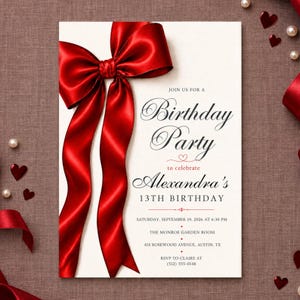 May include: A rectangular birthday party invitation card featuring a large, glossy red satin ribbon tied in a bow on the left side. The white card displays black text: Join us for a Birthday Party to celebrate Alexandra's 13th Birthday, Saturday, September 19, 2026 at 6:30 PM, The Monroe Garden Room, 418 Rosewood Avenue, Austin, TX, RSVP to Claire at (512) 555-0148.