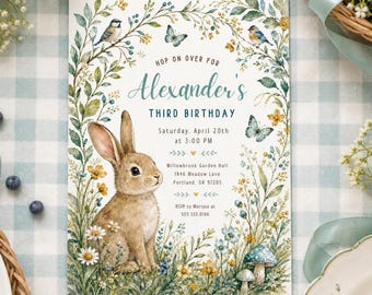 Woodland Rabbit Birthday Invitation, Whimsical Bunny Party Editable Printable Canva Digital Invite DD733