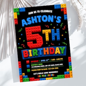 May include: A rectangular birthday invitation card with a black background and a border of colorful plastic building blocks. The text reads: JOIN US TO CELEBRATE ASHTON'S 5TH BIRTHDAY, SATURDAY APRIL 25TH 2:00-4:00 PM, ASHTON'S HOME, 123 BUILDING STREET, ANY CITY NAME, BLOCK STATE, PLEASE RSVP TO ALICE: 123-456-7890, LET'S BUILD SOME MEMORIES! SEE YOU THERE!