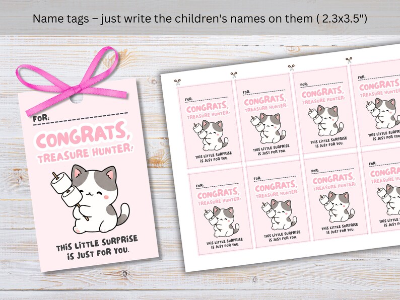 May include: Pink name tags with a cartoon cat holding marshmallows. The tags read "Congrats, Treasure Hunter!" and "This little surprise is just for you." A pink ribbon is attached to one tag. Each tag is 2.3 x 3.5 inches.