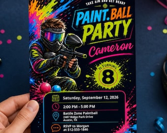 Gellyball Birthday Invitation, Neon Paintball Party Editable Printable Canva Digital Invite DD662