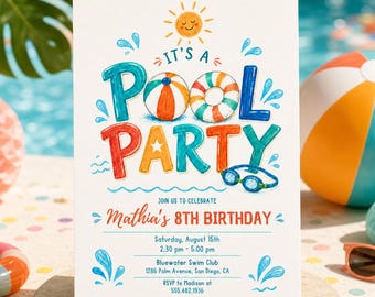 Hand Drawn Blue Crayon Pool Party Invitation, Boy Summer Swim Party Invite (Digital Download) PP736