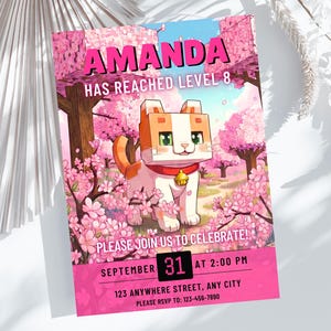 Invitación Pink Mine Gaming Girl con gato 5x7, invitación de cumpleaños personalizada (descarga digital) PP377