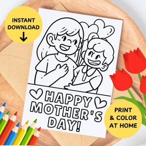 Tarjeta para colorear para el Día de la Madre para niños, tarjeta de felicitación imprimible de 5x7 para colorear, tarjeta para colorear para el Día de la Madre para niños con niño y mamá abrazándose, corazones