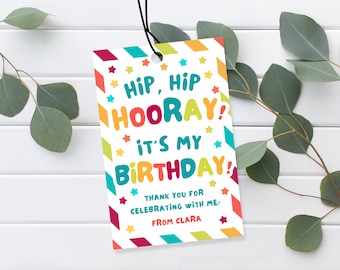 Hip Hip Hooray Birthday Treat Tag, Kids Classroom Party Favor Label, Gift Tag Label, Printable Editable Canva Template